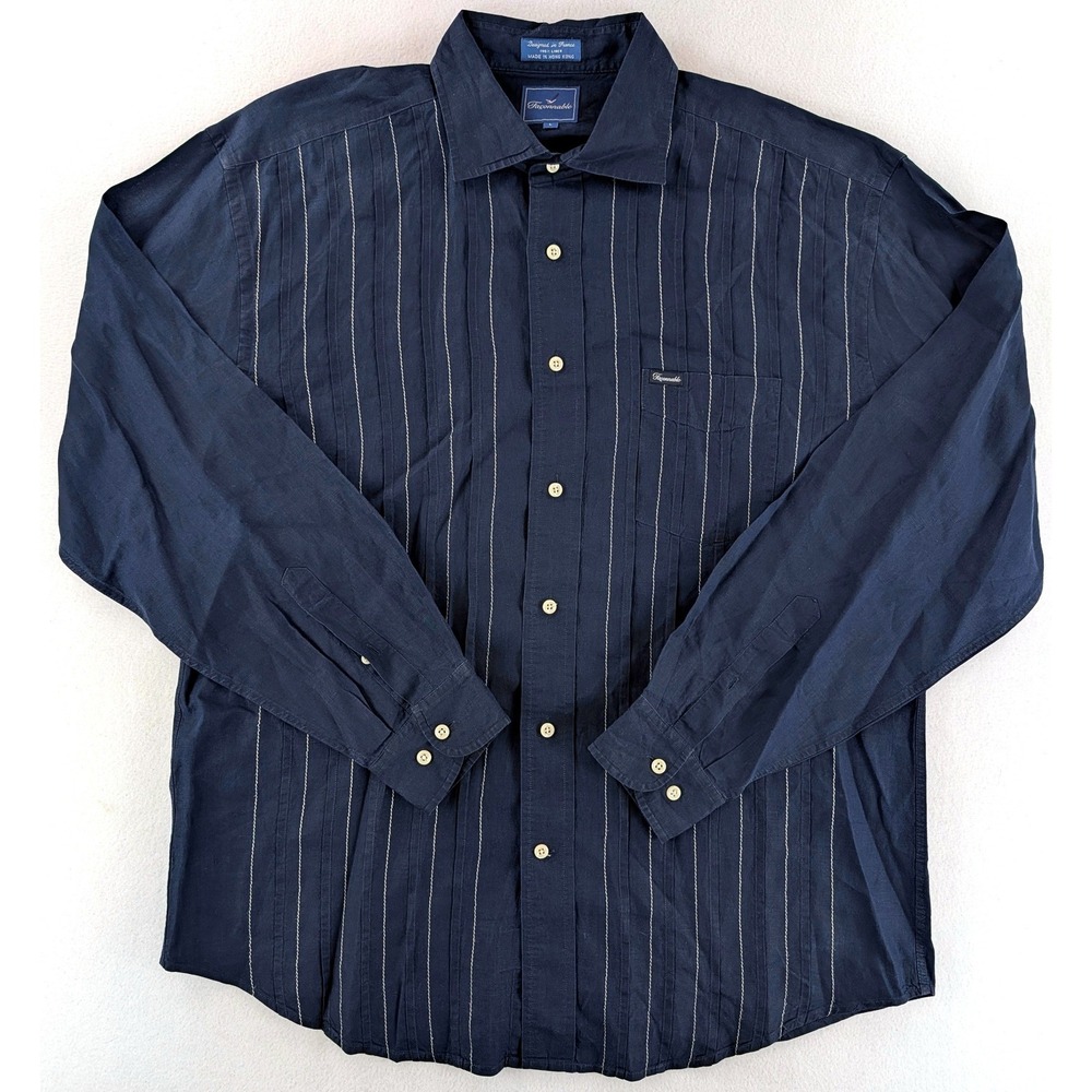 Vintage Faconnable Mens L Navy 100% Linen Pintuck Shirt Made in Hong Kong
